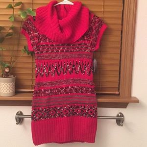 Long Bright Red Cowl- Neck Sweater
